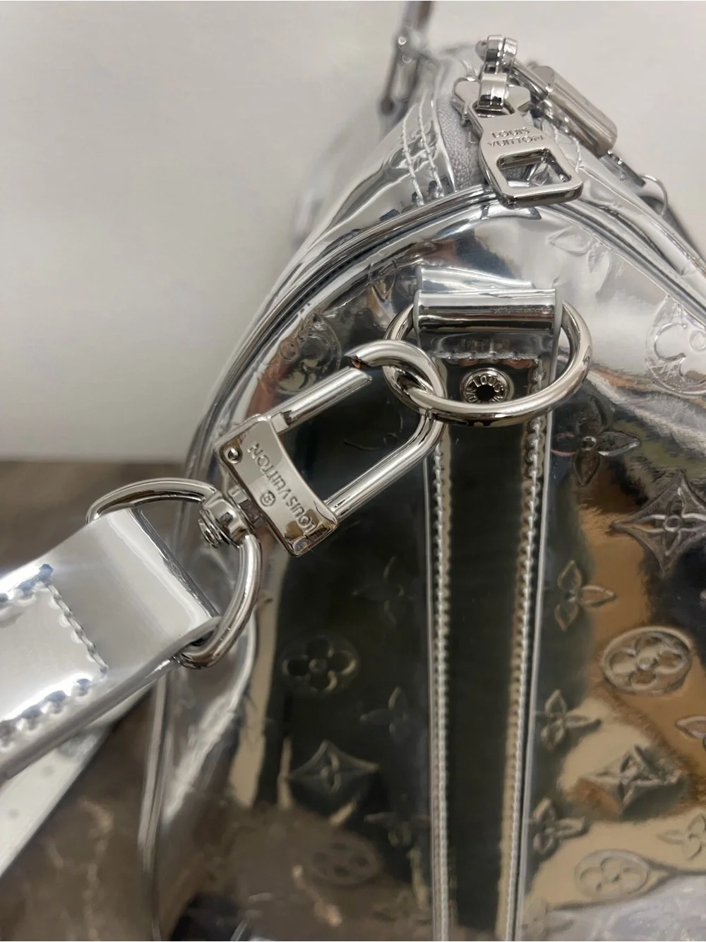 Silver Duffle Handbag Zip Closure Silver Hardware Inner Pocket